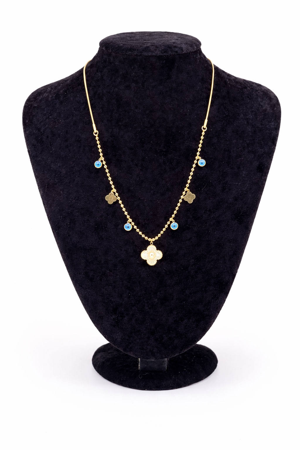 Nazar Boncuklu Yonca Figürlü Altın Renk Çelik Kolye