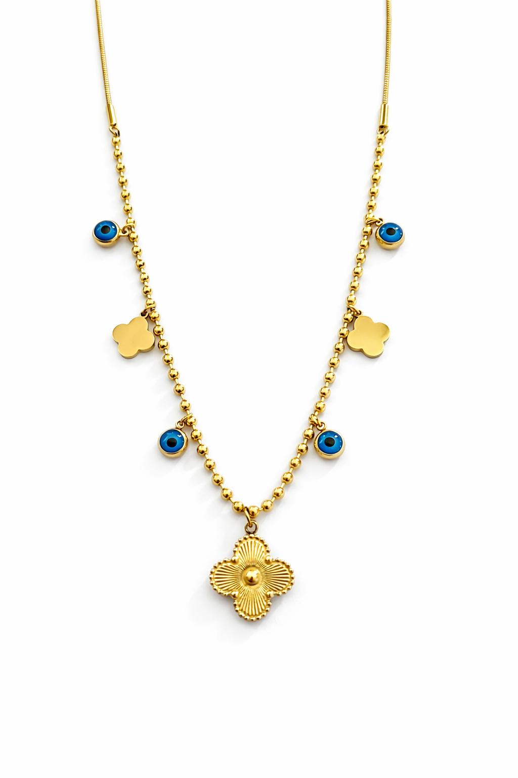 Nazar Boncuklu Yonca Figürlü Altın Renk Çelik Kolye
