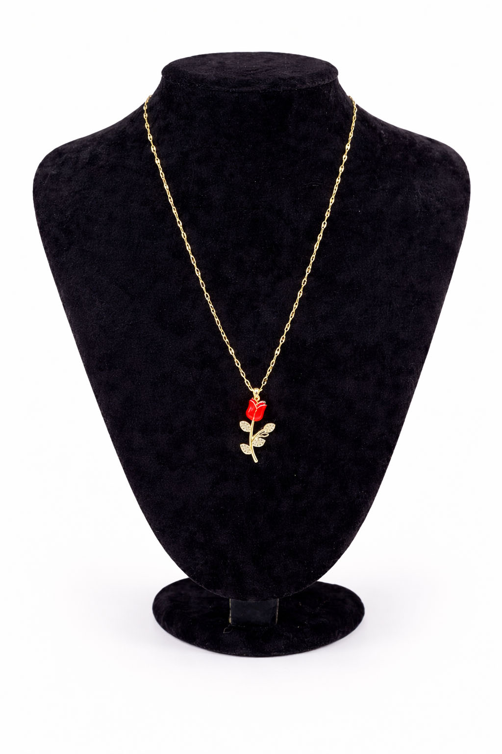 Altın Renk Kırmızı Gül Figürlü Zirkon Taşlı Çelik Kolye Altın Renk Kırmızı Gül Figürlü Zirkon Taşlı Çelik Kolye