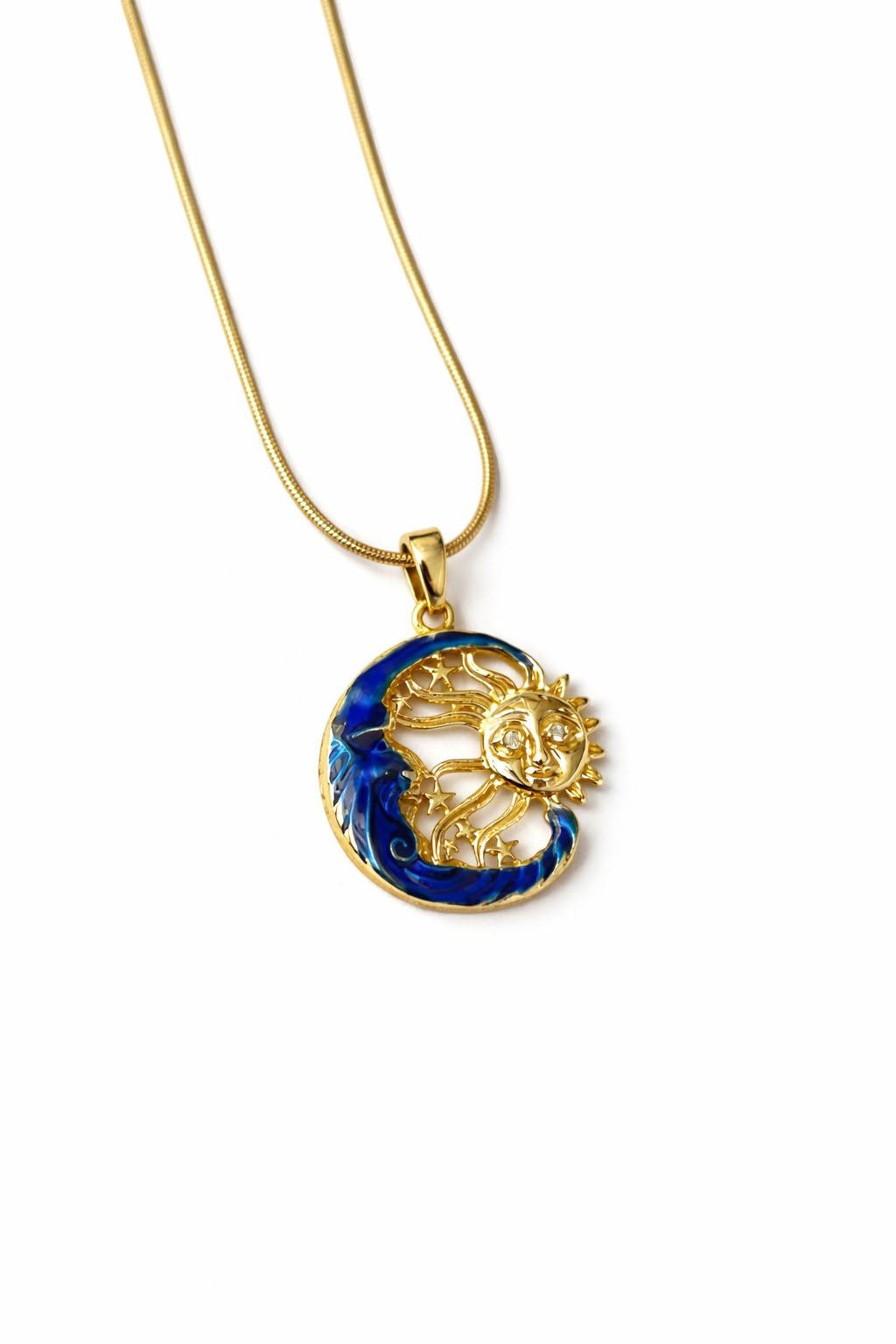 Altın Renk Güneş ve Ay Figürlü Mineli Çelik Kolye