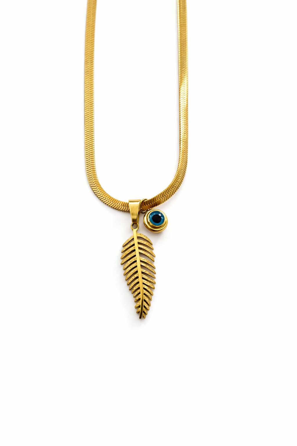 Altın Renk Nazar Boncuk ve Yaprak Figürlü Çelik Kolye Altın Renk Nazar Boncuk ve Yaprak Figürlü Çelik Kolye