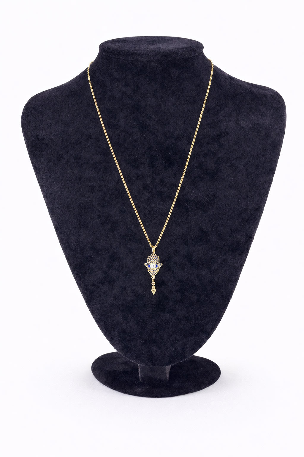 Altın Renk Fatmanın Eli ve Nazar Figürlü Siyah Zirkon Taşlı Çelik Kolye Altın Renk Fatmanın Eli ve Nazar Figürlü Siyah Zirkon Taşlı Çelik Kolye