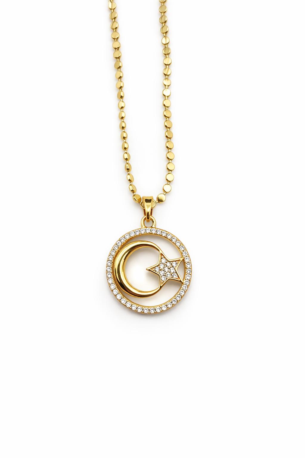 Altın Renk Zirkon Taşlı Ay Yıldız Figürlü Çelik Kolye