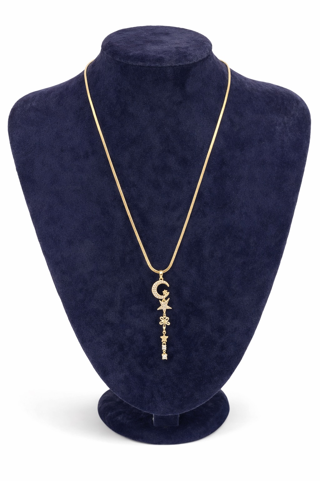 Zirkon Taşlı Ay Yıldız Figürlü Altın Renk Uzun Çelik Kolye