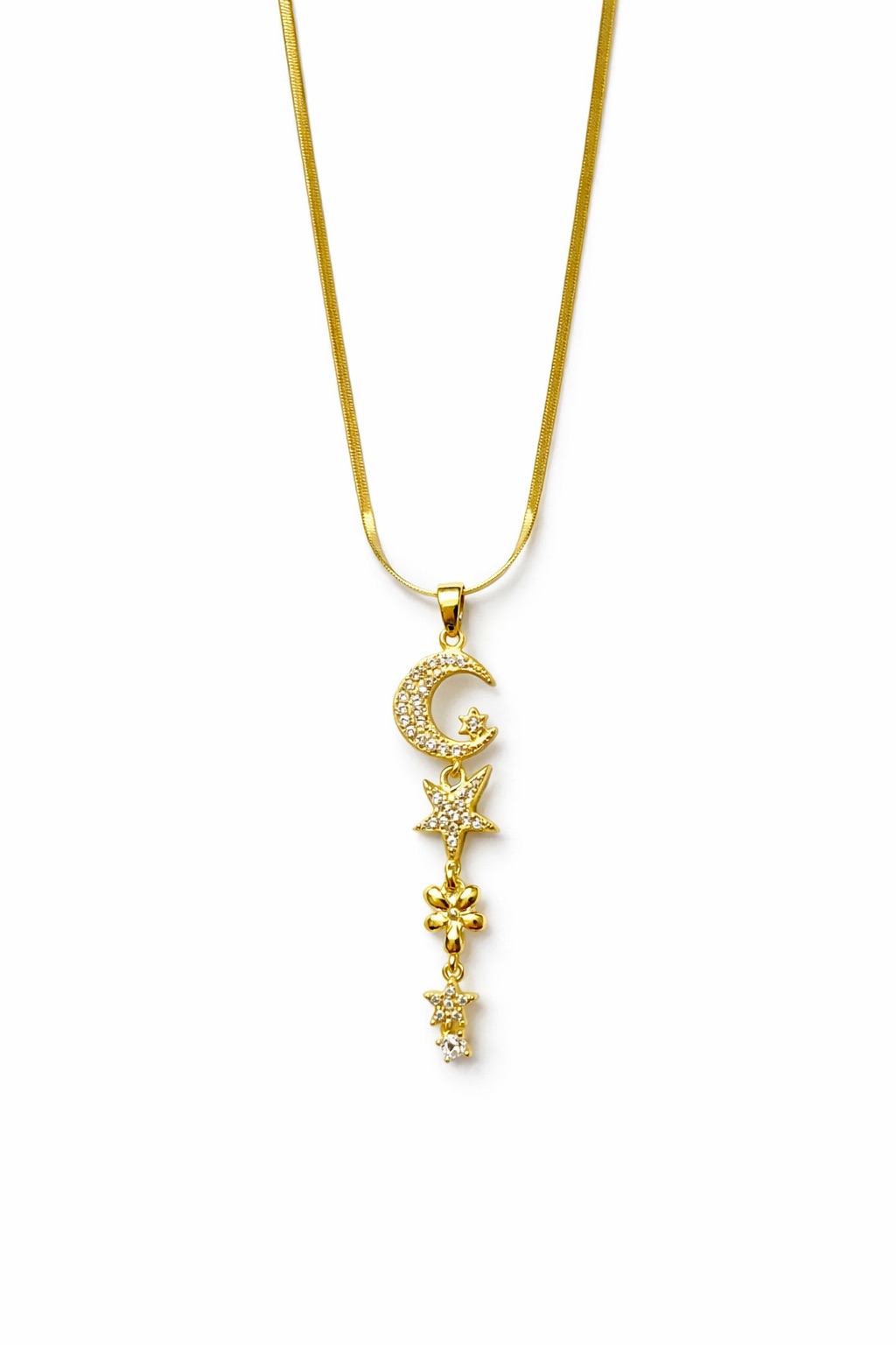 Zirkon Taşlı Ay Yıldız Figürlü Altın Renk Uzun Çelik Kolye