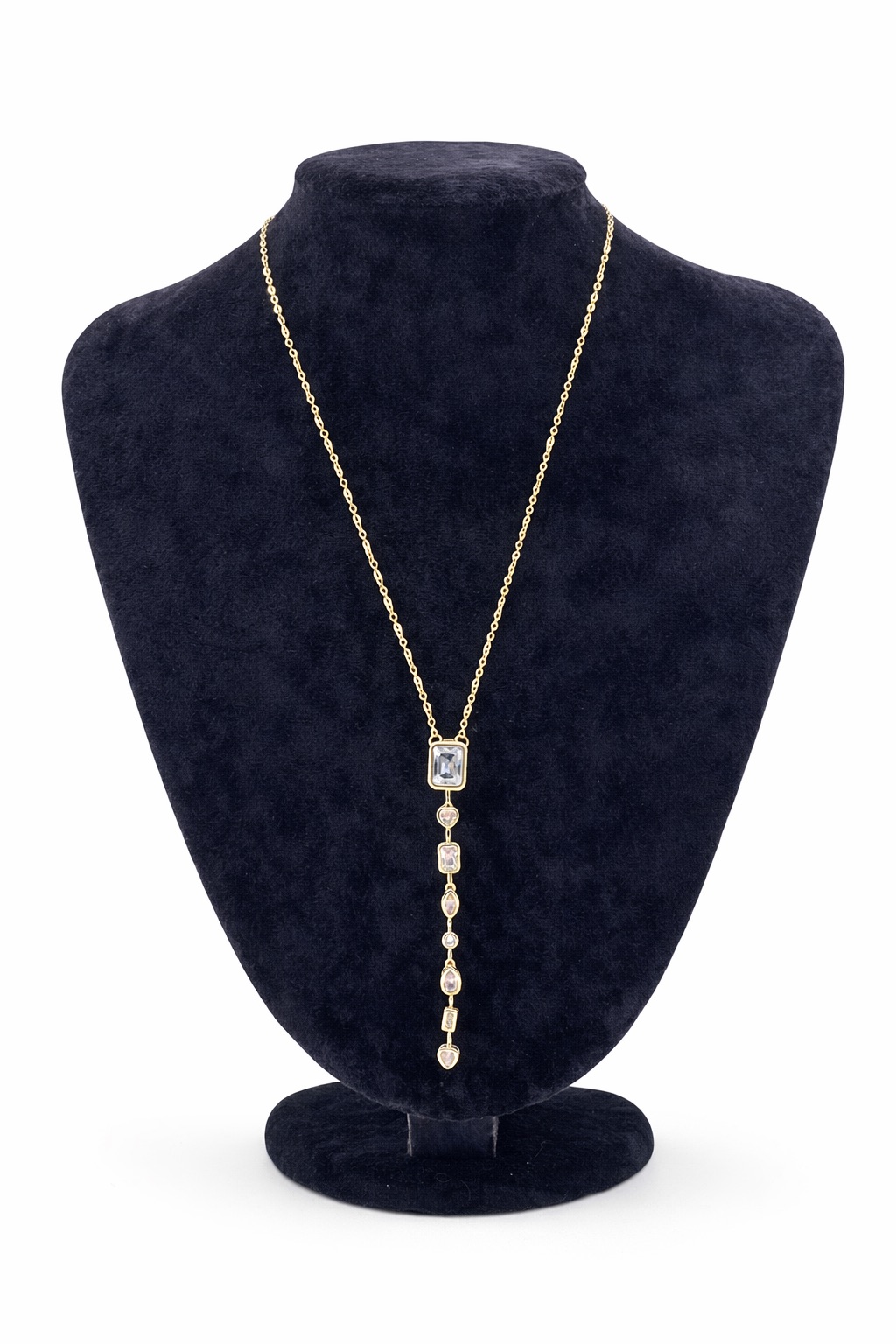 Dikdörtgen Figürlü Zirkon Taşlı Altın Renk Çelik Uzun Kolye