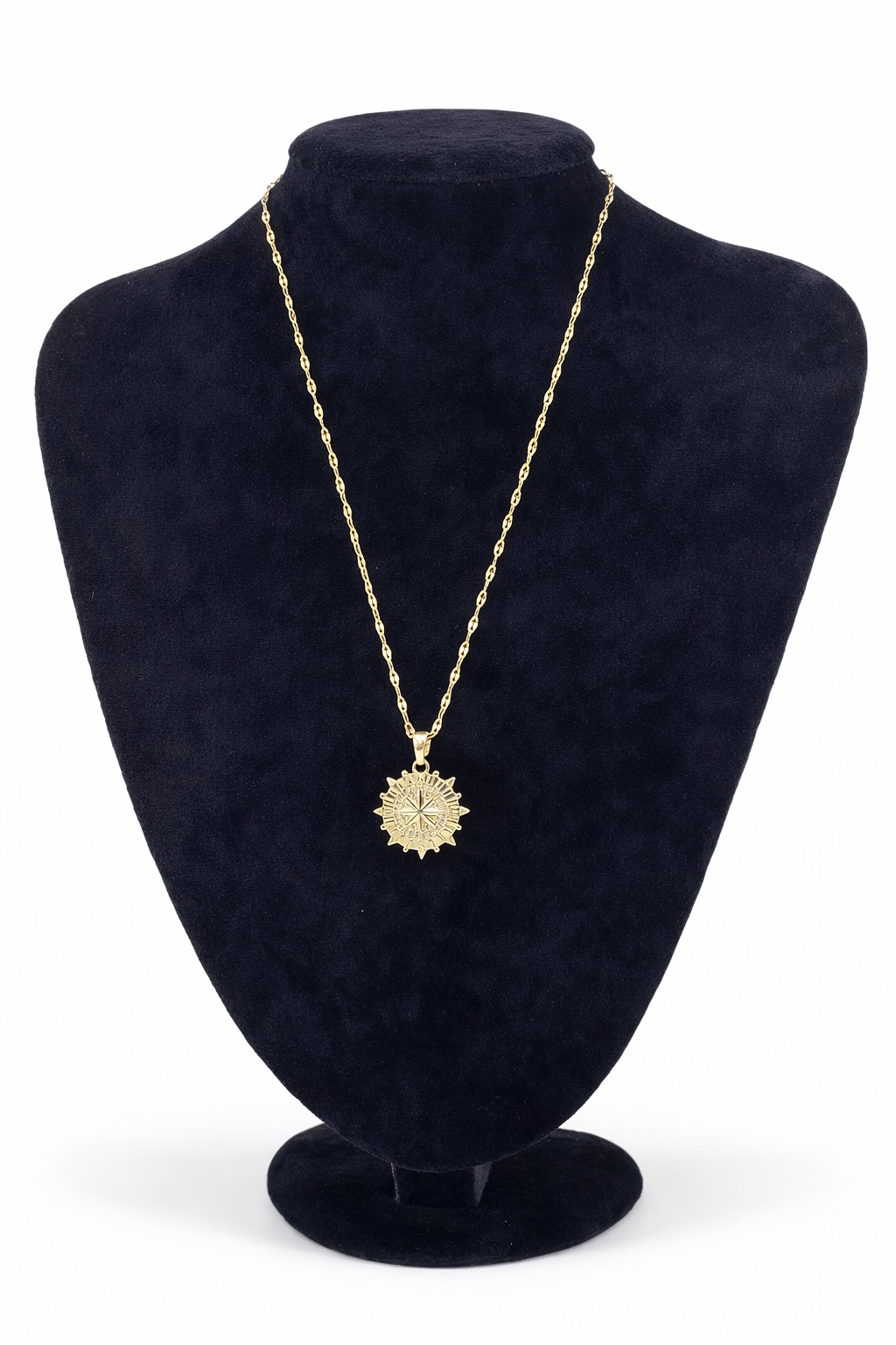 Zirkon Taşlı Pusula Figürlü Altın Renk Çelik Kolye