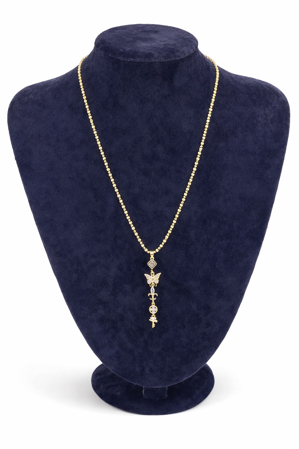 Çoklu Figürlü Zirkon Taşlı Altın Renk Uzun Çelik Kolye