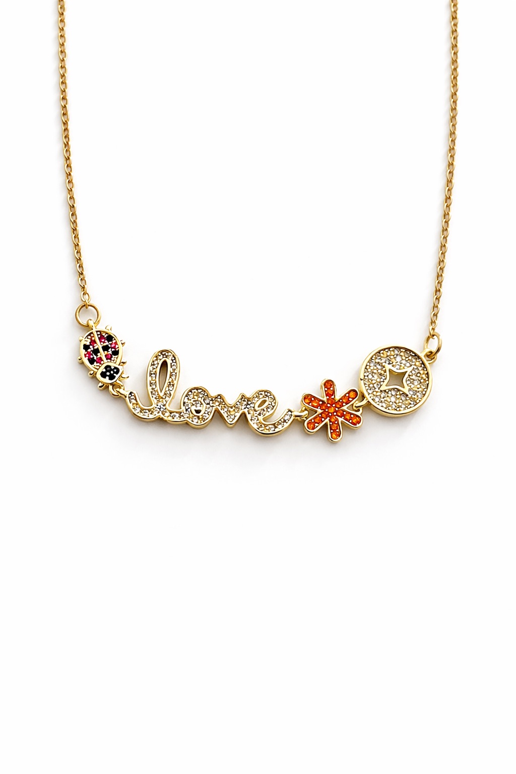 Zirkon Taşlı Love Yazılı Altın Renk Çelik Kolye