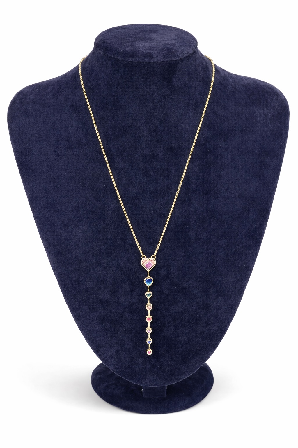 Renkli Kalp Figürlü Altın Renk Uzun Çelik Kolye