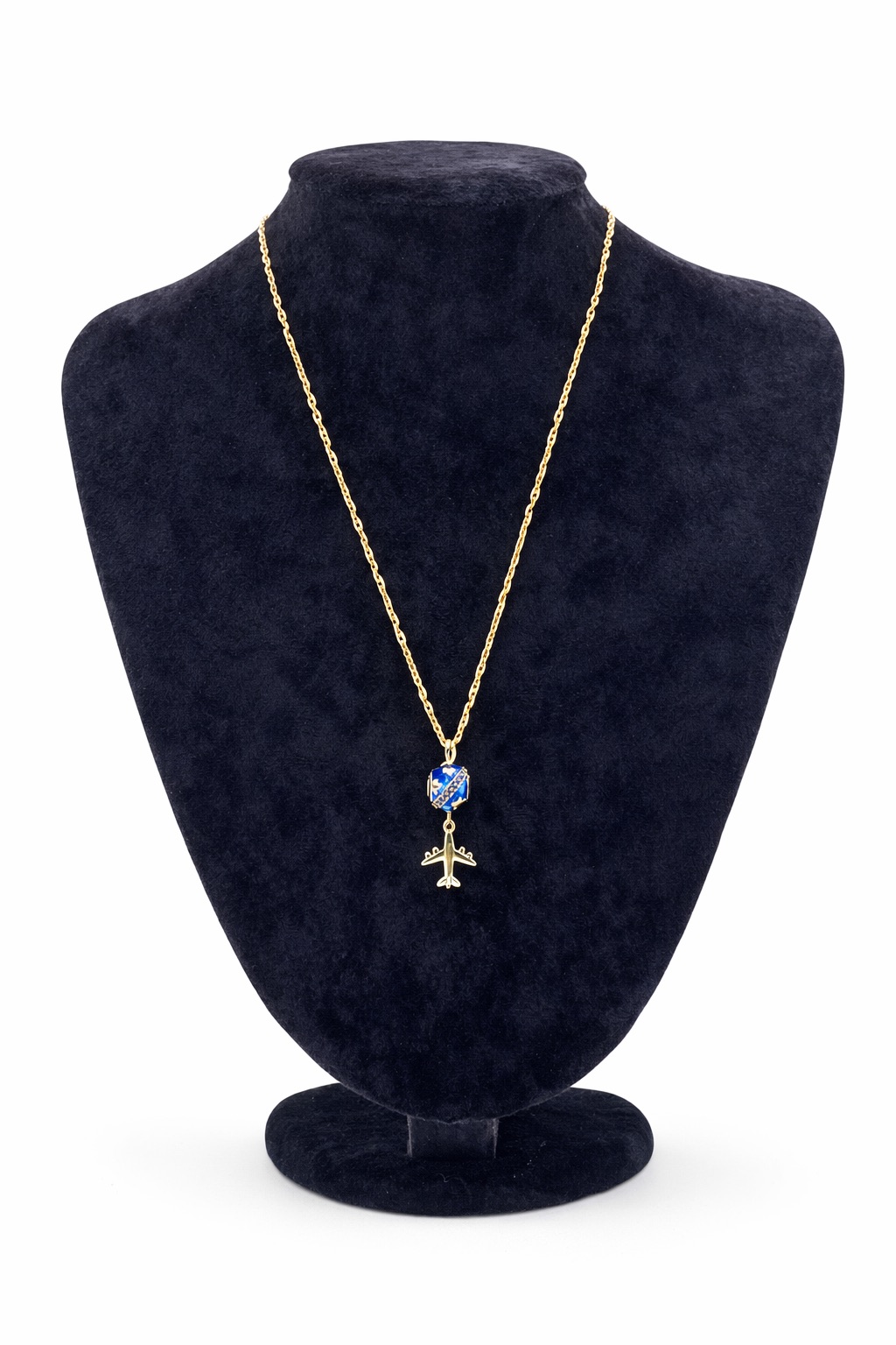 Mavi Renk Detaylı Uçak Figürlü Altın Renk Çelik Kolye