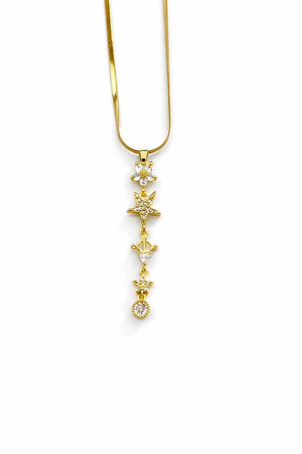 Zirkon Taşlı Yıldız Figürlü Altın Renk Uzun Çelik Kolye