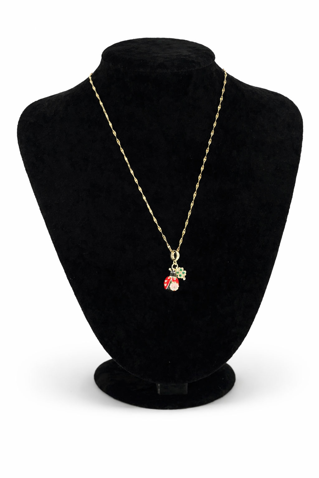 Uğur Böceği ve Yonca Figürlü Mineli Altın Renk Çelik Kolye