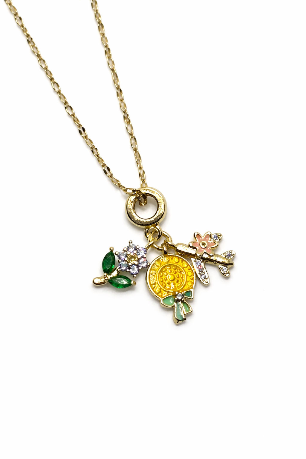 Zirkon Taşlı Mineli Çiçek Figürlü Altın Renk Çelik Kolye