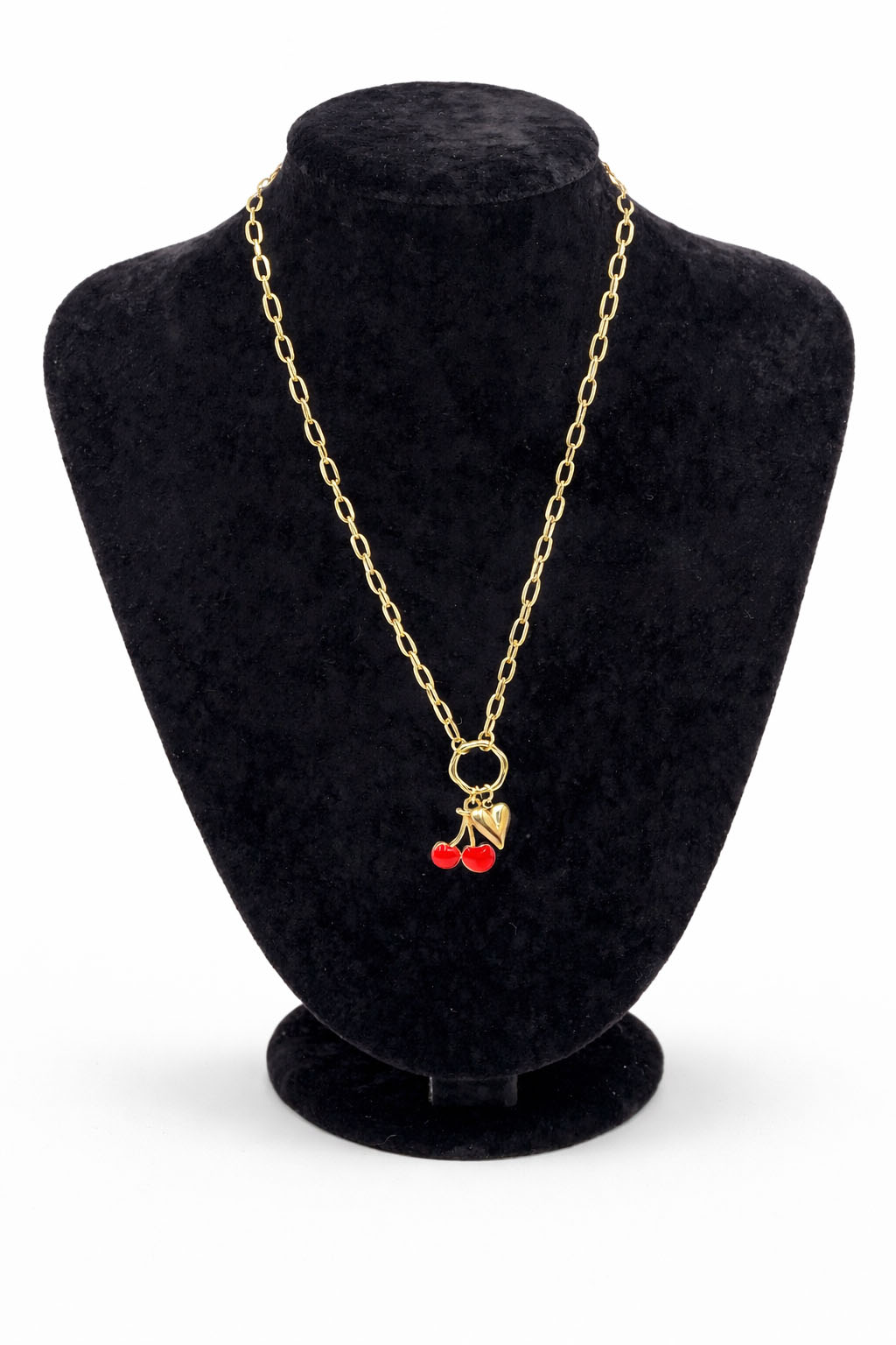 Mineli Kiraz ve Kalp Figürlü Altın Renk Çelik Kolye