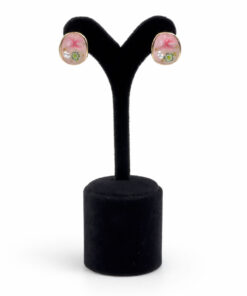 Pembe Çiçek Detaylı Mine Lak Kaplama Oval Küpe