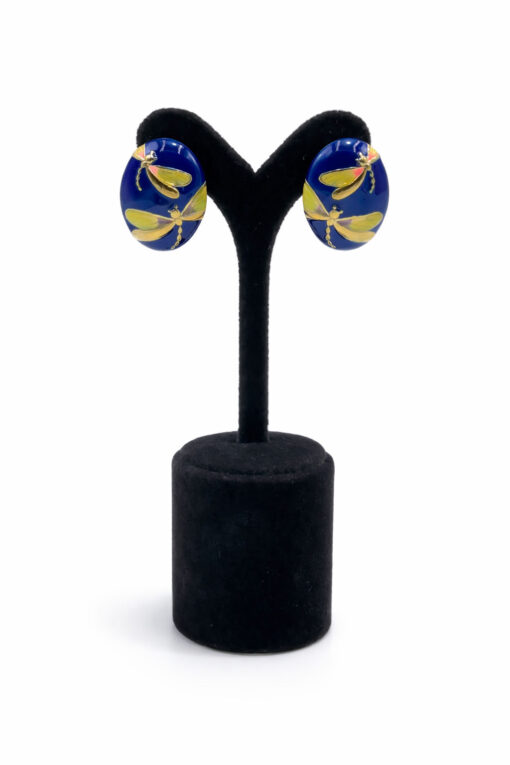 Yusufçuk Figürlü Mine Detaylı Altın Renk Lak Kaplama Oval Küpe