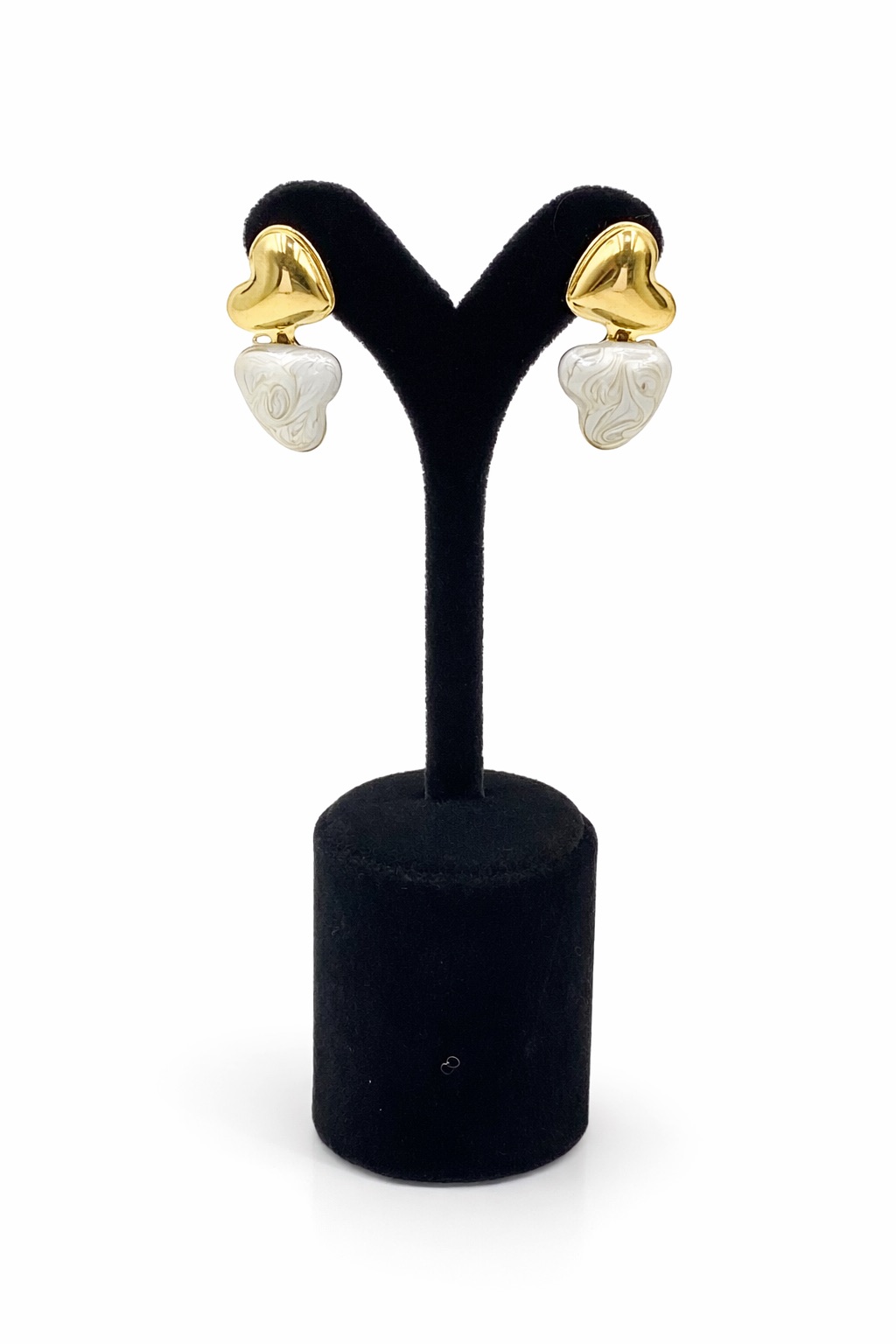 Çift Kalp Formlu Altın Renk Lak Kaplama Mineli Küpe