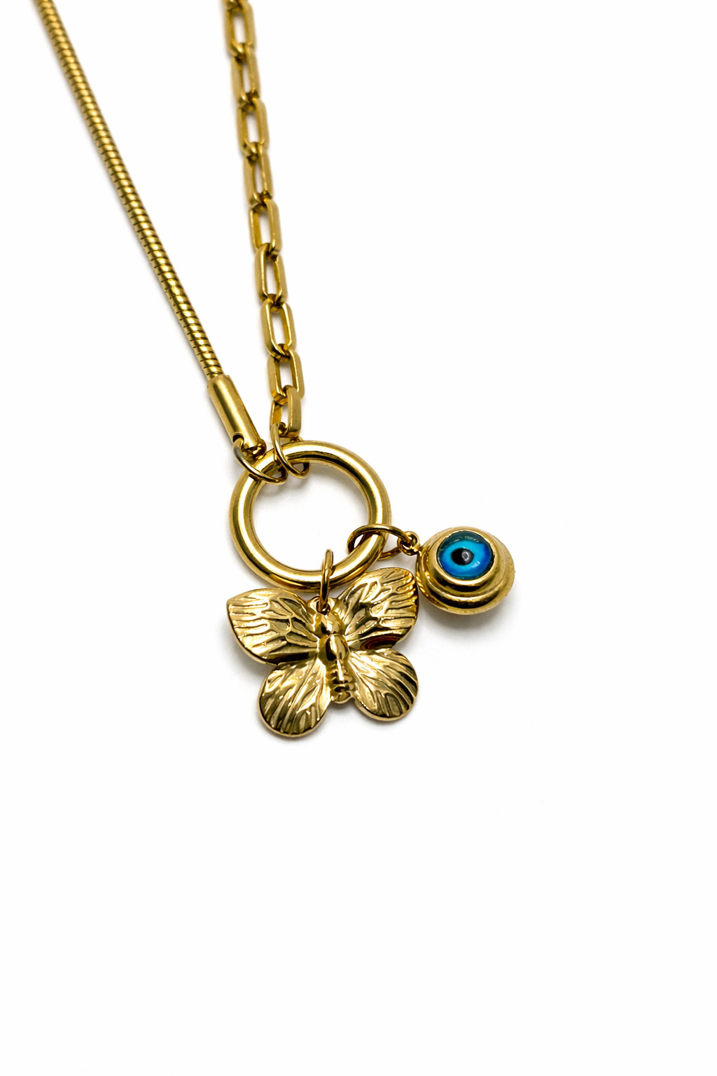 Nazar Boncuklu Kelebek Figürlü Altın Renk Çelik Bileklik