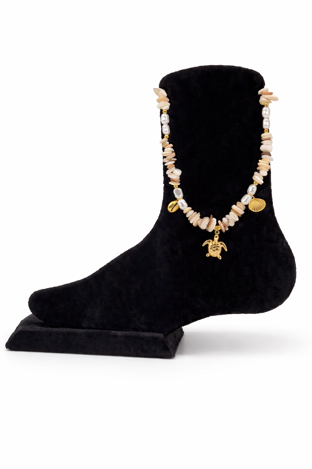 Kaplumbağa Figürlü Kabuk ve İnci Boncuklu Çelik Halhal