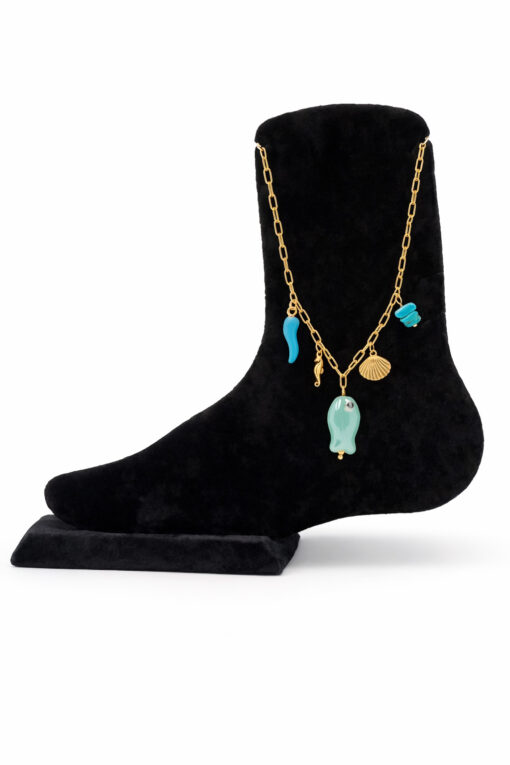 Deniz Temalı Turkuaz Taşlı Mineli ve Seramik Boncuklu Çelik Halhal