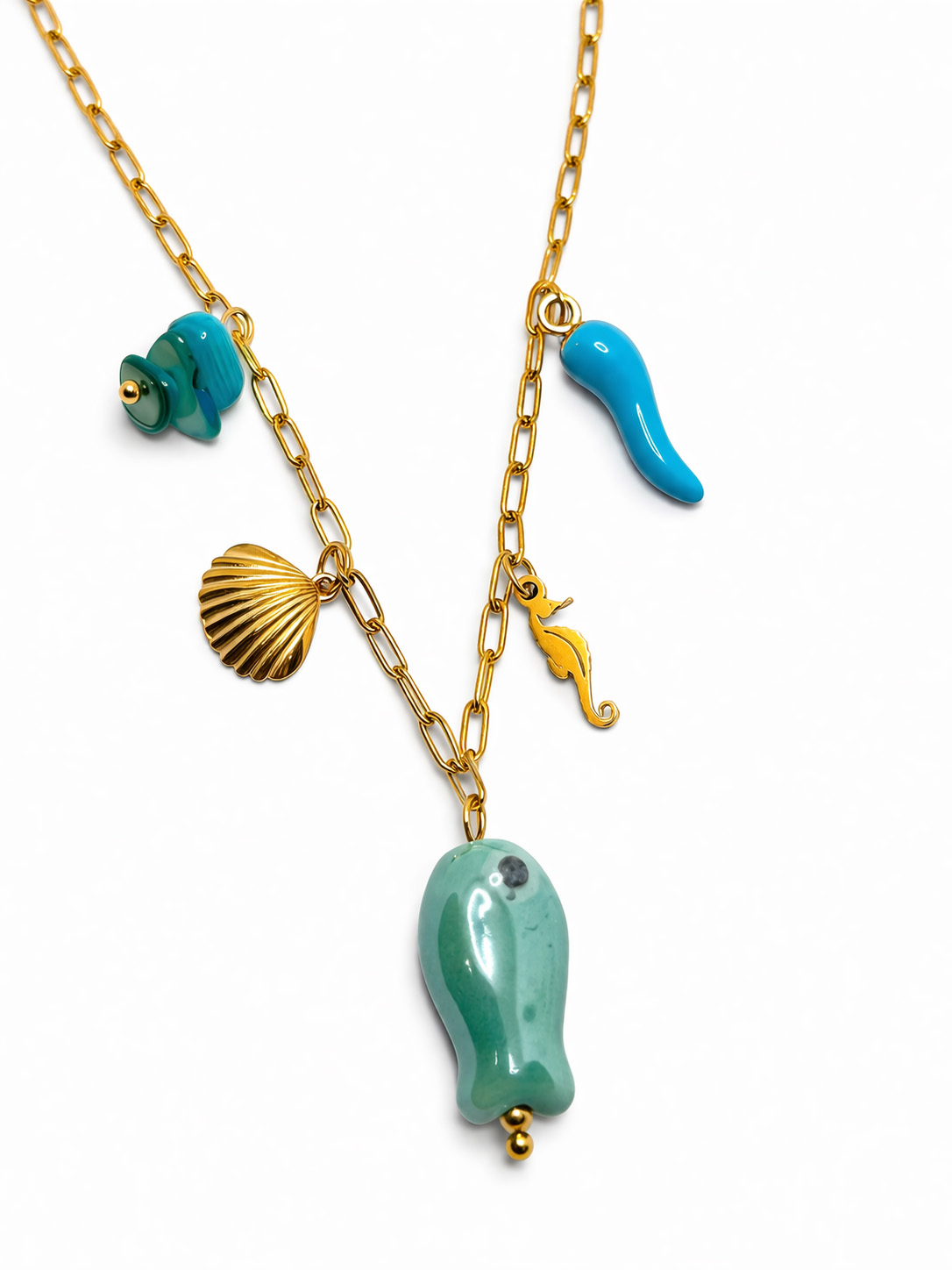 Deniz Temalı Turkuaz Taşlı Mineli ve Seramik Boncuklu Çelik Halhal