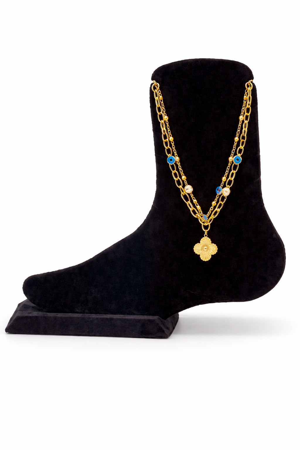 Nazar Boncuklu Çoklu Zincir Detaylı Çelik Halhal