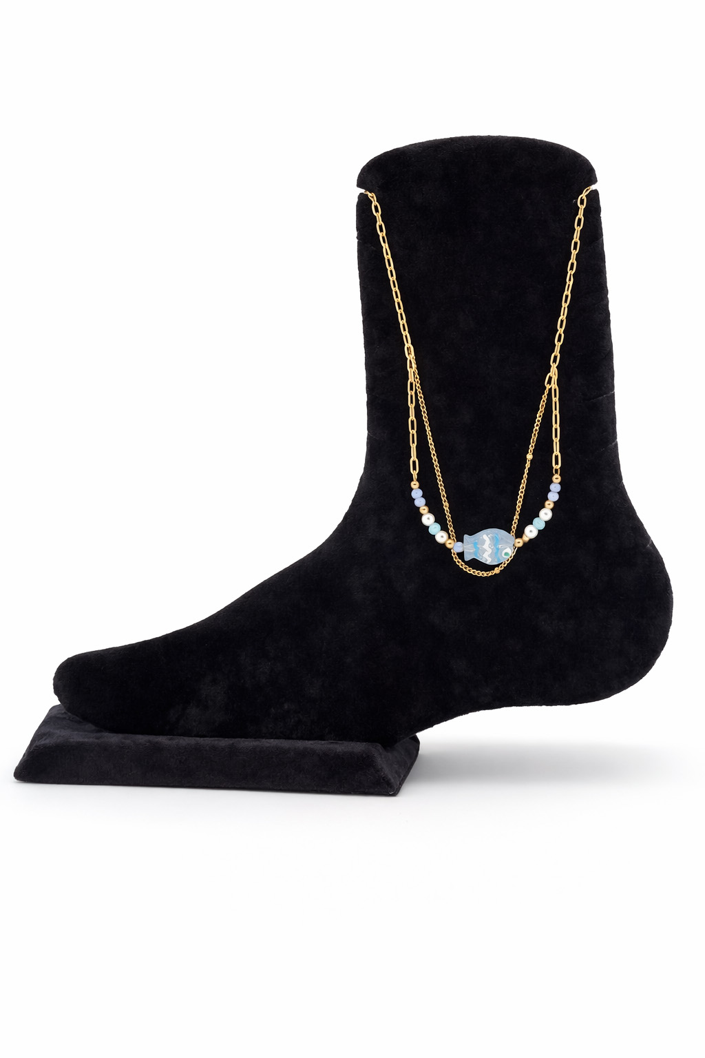 Seramik Balık Figürlü İnci ve Kristal Boncuk Detaylı Çelik Halhal