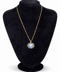 Nazar Boncuk Detaylı Renkli Zirkon Taşlı Güneş Figürlü Altın Renk Çelik Kolye