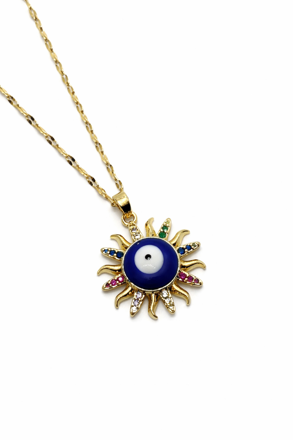 Nazar Boncuk Detaylı Renkli Zirkon Taşlı Güneş Figürlü Altın Renk Çelik Kolye