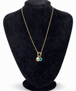 İnci Detaylı Nazar Boncuklu Güneş Figürlü Altın Renk Çelik Kolye