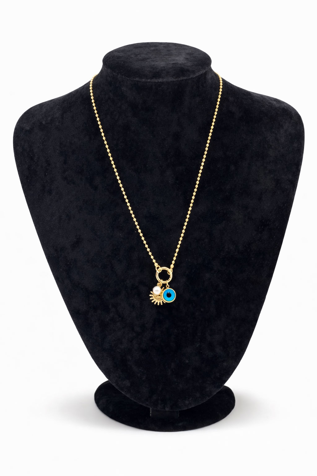 İnci Detaylı Nazar Boncuklu Güneş Figürlü Altın Renk Çelik Kolye