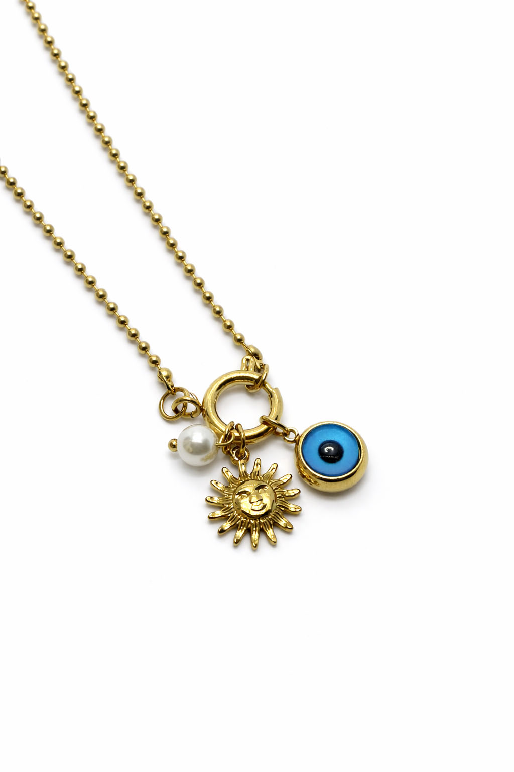 İnci Detaylı Nazar Boncuklu Güneş Figürlü Altın Renk Çelik Kolye