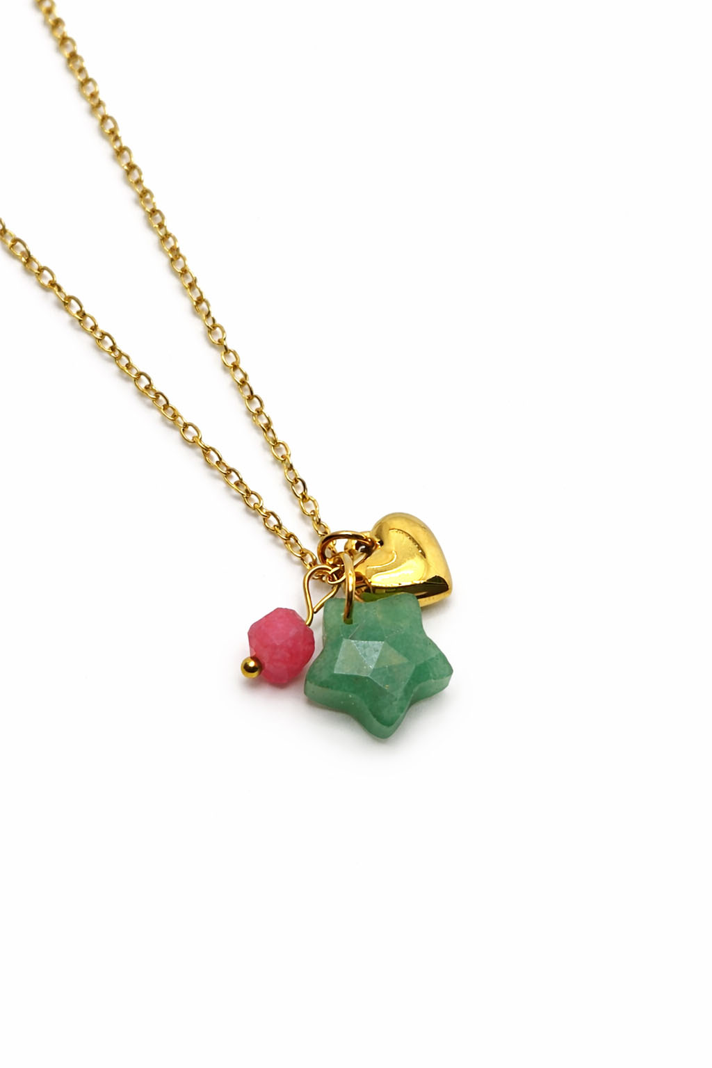 Doğal Taş Detaylı Yıldız ve Kalp Figürlü Altın Renk Çelik Kolye Doğal Taş Detaylı Yıldız ve Kalp Figürlü Altın Renk Çelik Kolye