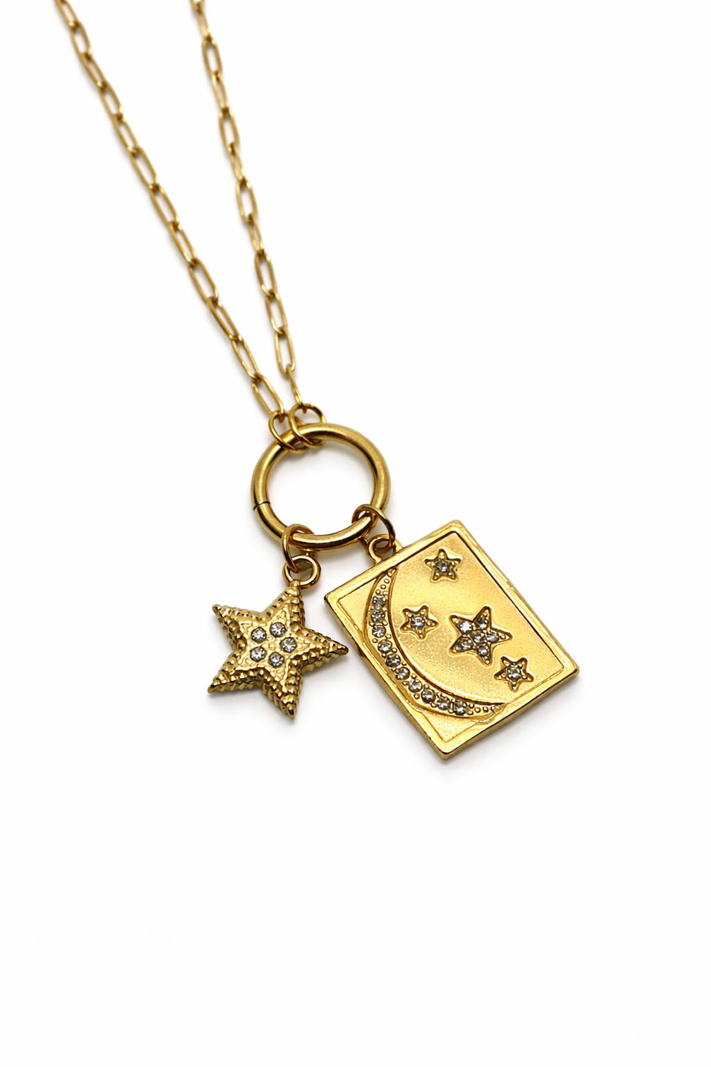 Yıldız ve Ay Figürlü Zirkon Taşlı Altın Renk Çelik Kolye