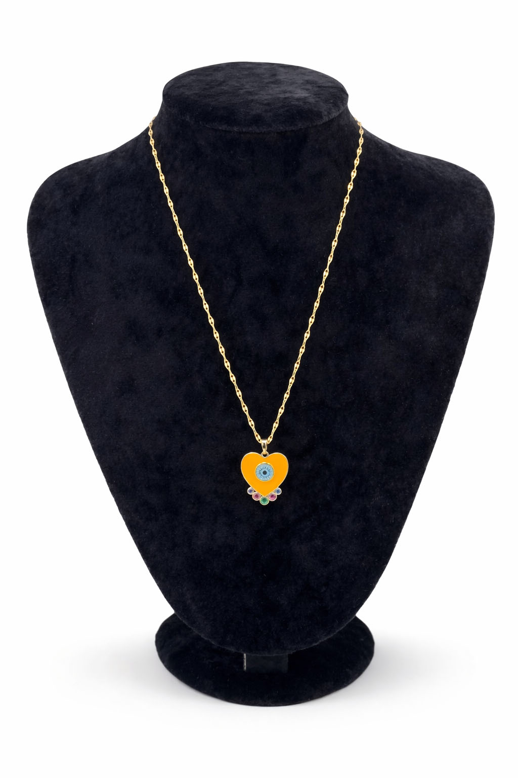 Mineli Nazar Detaylı Renkli Zirkon Taşlı Kalp Figürlü Altın Renk Çelik Kolye Mineli Nazar Detaylı Renkli Zirkon Taşlı Kalp Figürlü Altın Renk Çelik Kolye