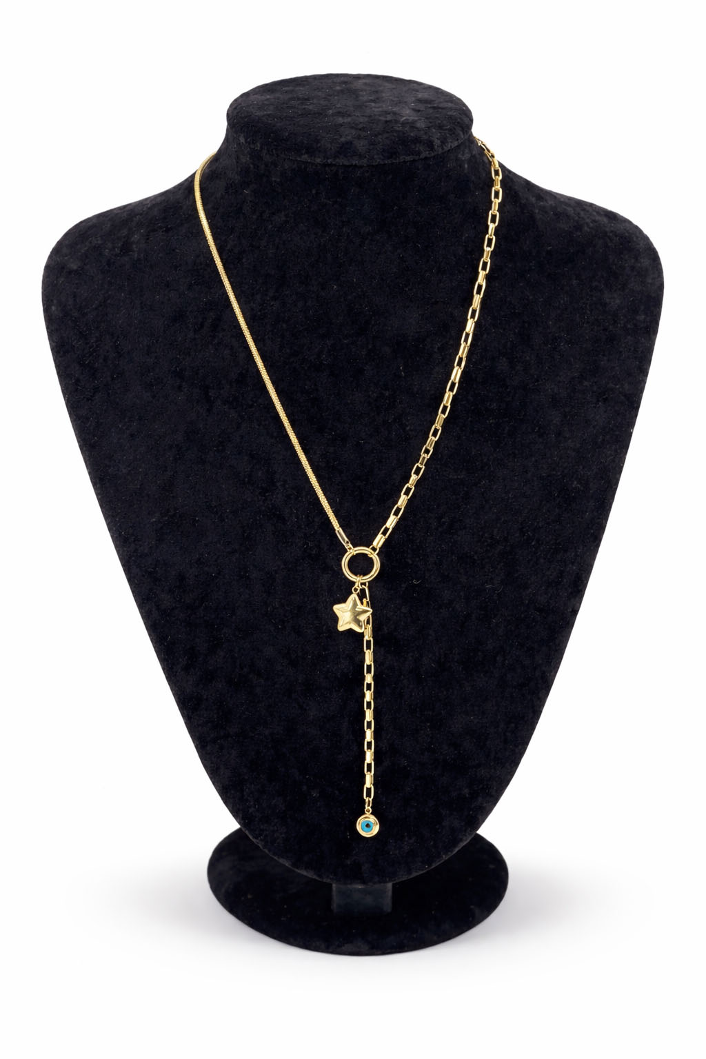 Yıldız ve Nazar Detaylı Altın Renk Çelik Kolye