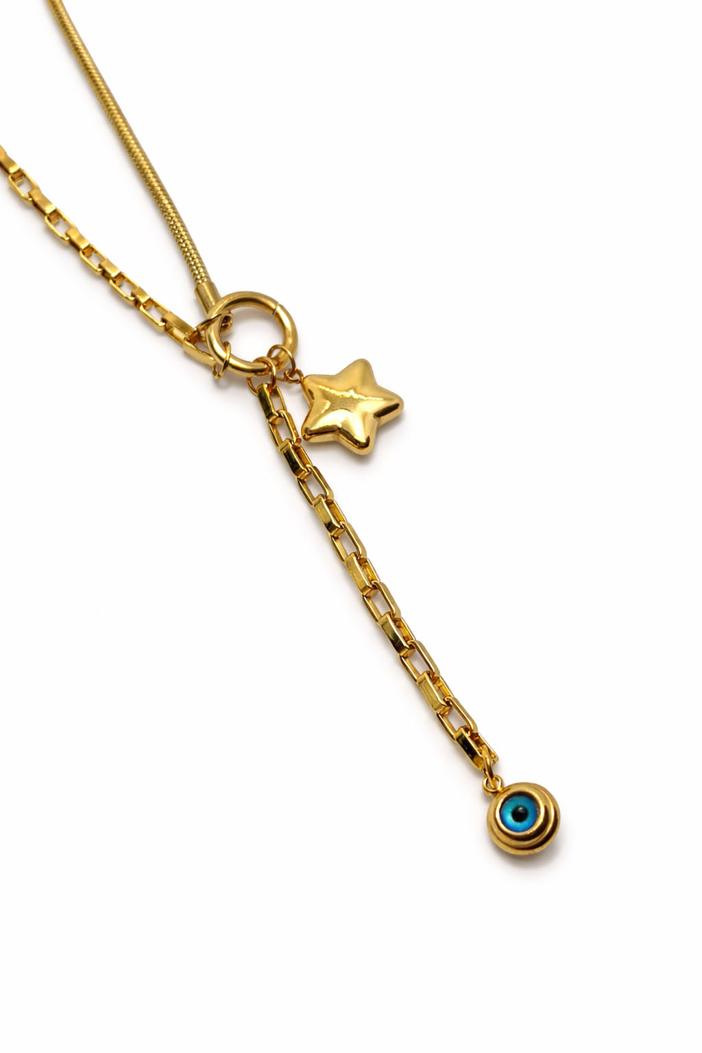 Yıldız ve Nazar Detaylı Altın Renk Çelik Kolye