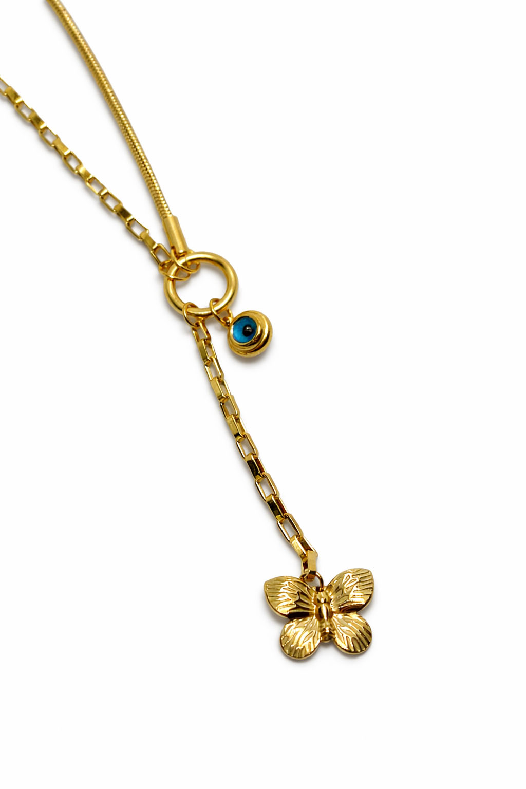 Nazar Boncuklu Kelebek Figürlü Altın Renk Çelik Kolye