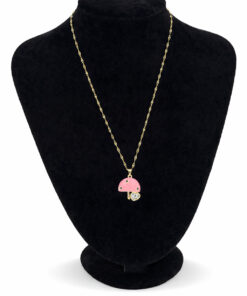 Mineli Mantar Figürlü Kalp Detaylı Zirkon Taşlı Altın Renk Çelik Kolye