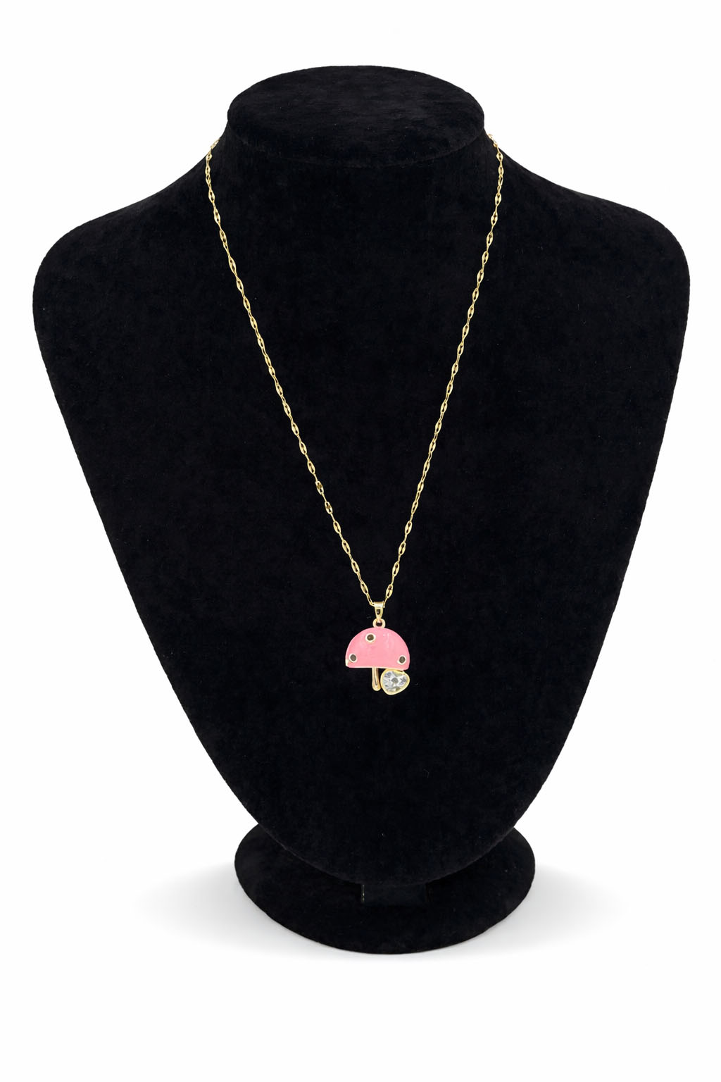 Mineli Mantar Figürlü Kalp Detaylı Zirkon Taşlı Altın Renk Çelik Kolye Mineli Mantar Figürlü Kalp Detaylı Zirkon Taşlı Altın Renk Çelik Kolye