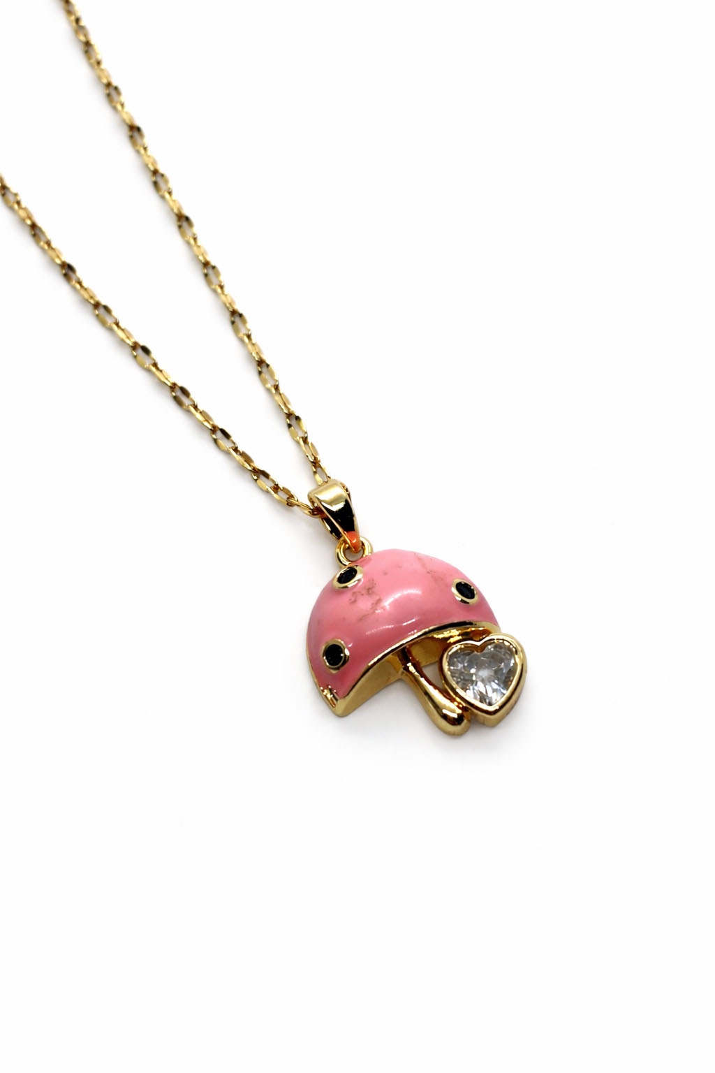 Mineli Mantar Figürlü Kalp Detaylı Zirkon Taşlı Altın Renk Çelik Kolye Mineli Mantar Figürlü Kalp Detaylı Zirkon Taşlı Altın Renk Çelik Kolye