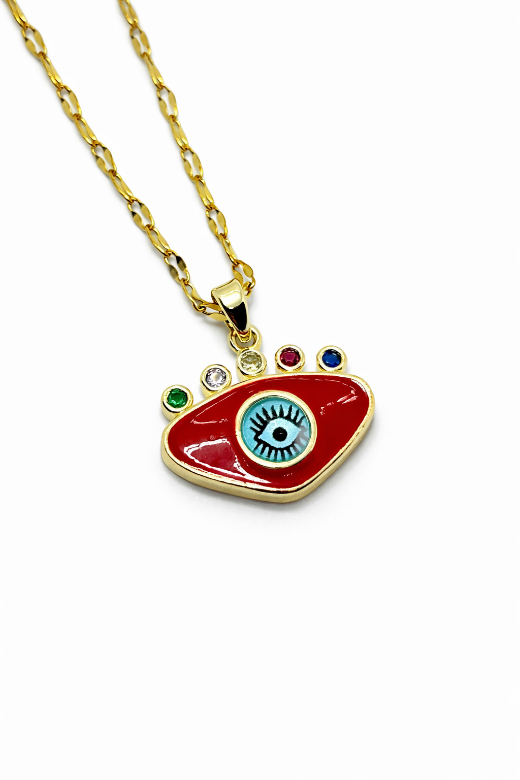 Nazar Boncuk Detaylı Mineli Renkli Zirkon Taşlı Altın Renk Çelik Kolye