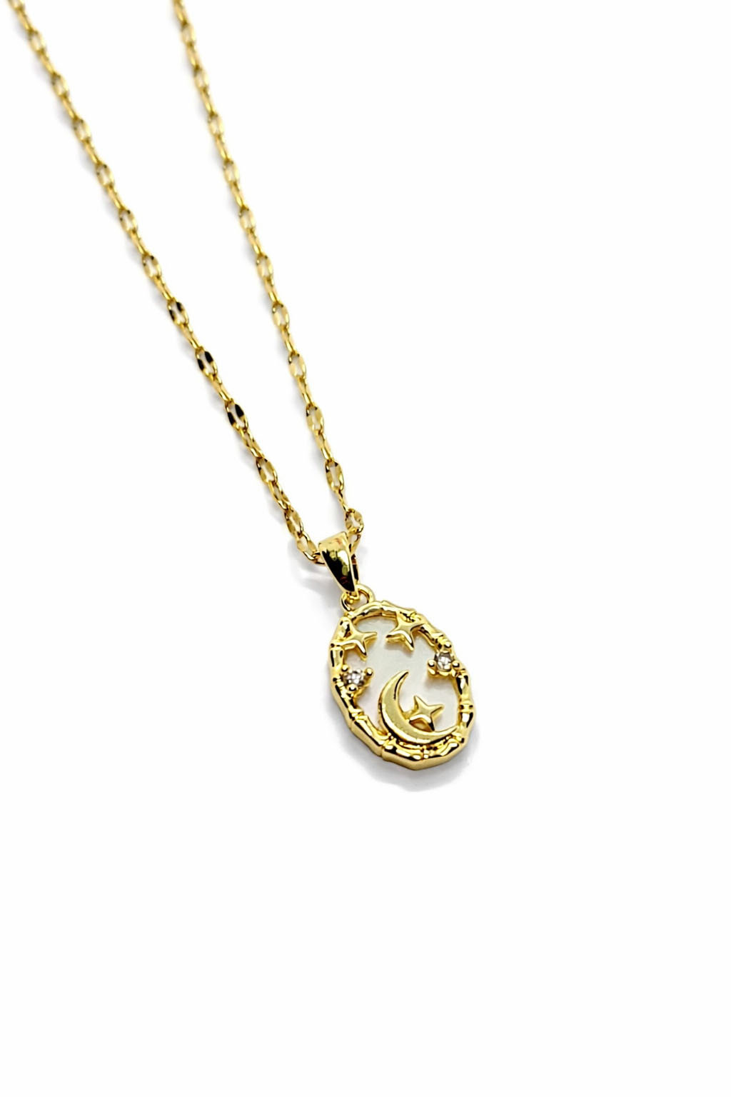 Ay Yıldız Figürlü Zirkon Taşlı Altın Renk Çelik Kolye