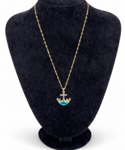 Çapa Figürlü Mavi Zirkon Taşlı Altın Renk Çelik Kolye