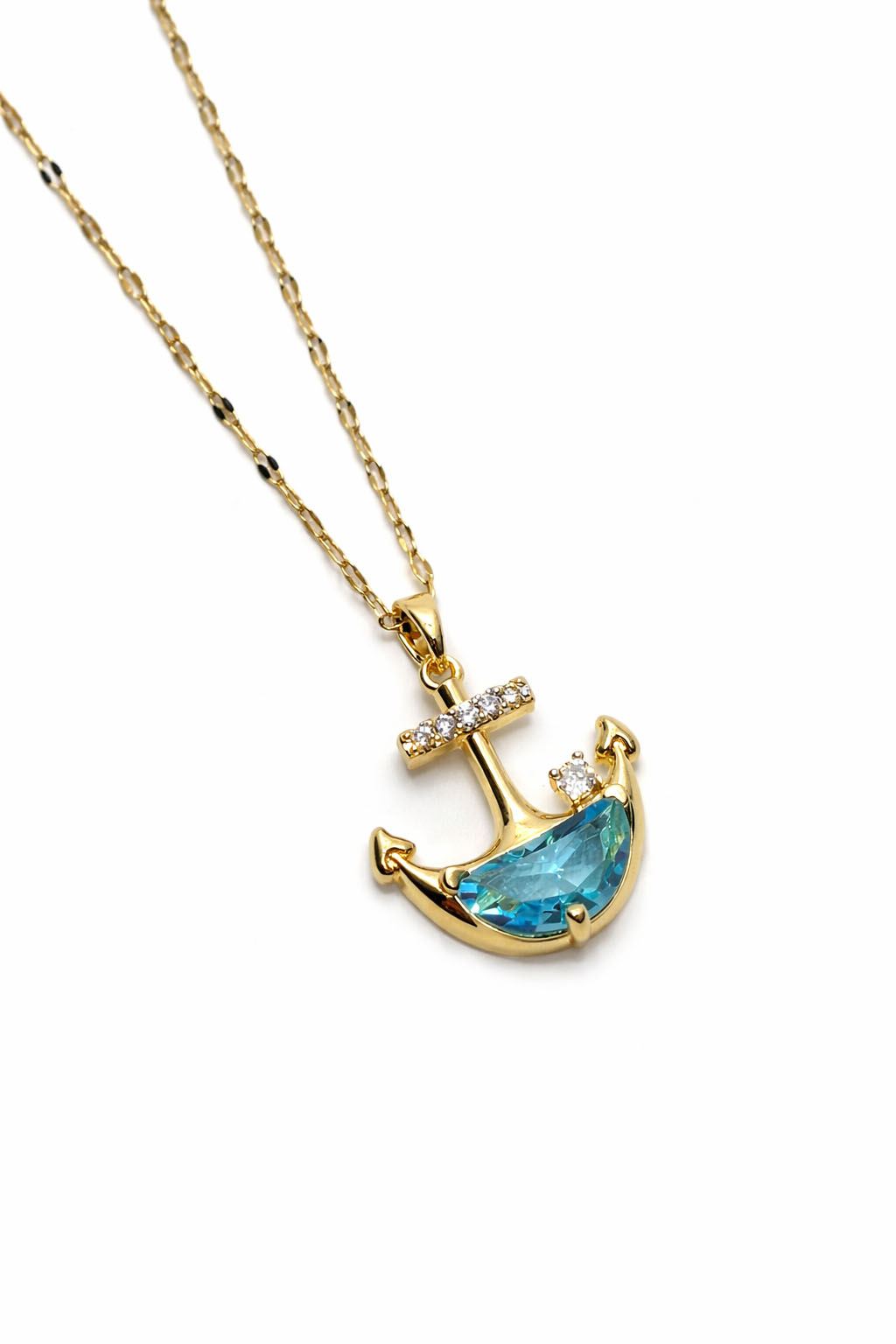 Çapa Figürlü Mavi Zirkon Taşlı Altın Renk Çelik Kolye