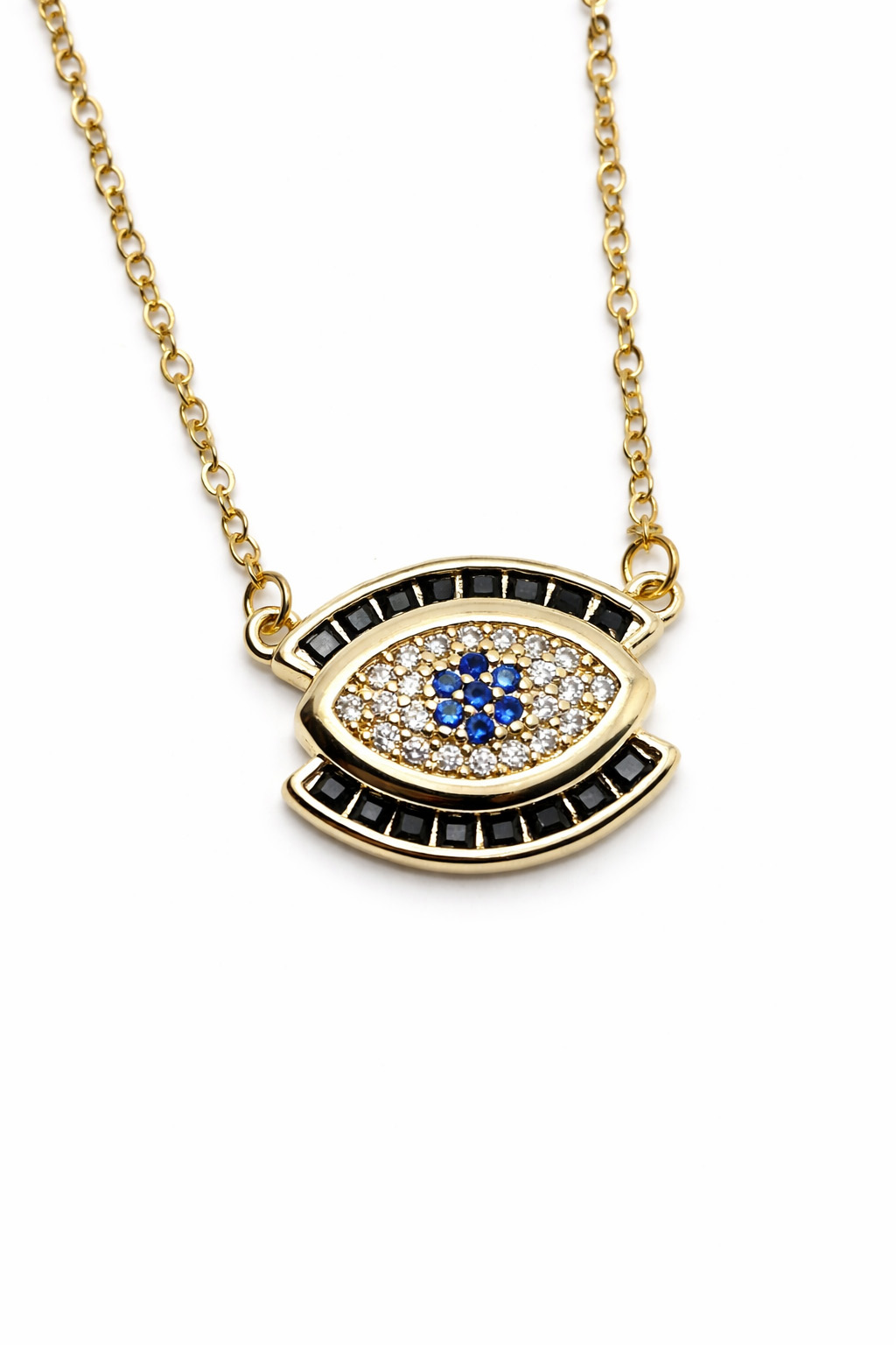 Nazar Figürlü Renkli Zirkon Taş Detaylı Altın Renk Çelik Kolye Nazar Figürlü Renkli Zirkon Taş Detaylı Altın Renk Çelik Kolye