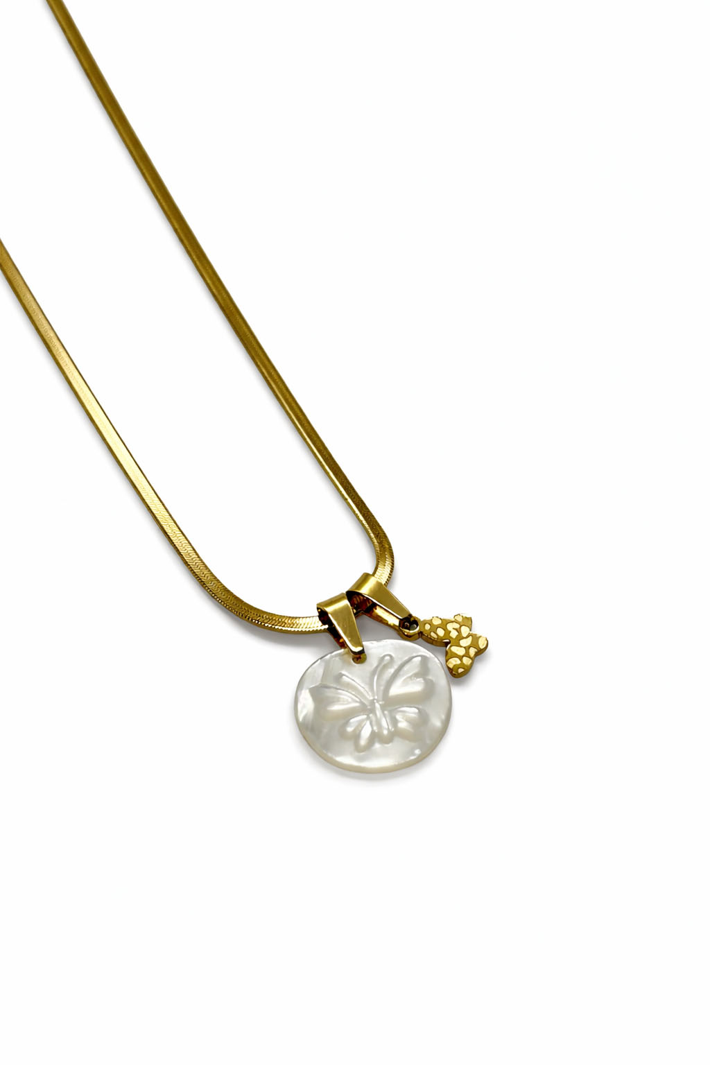 Sedef Kelebek Figürlü Altın Renk Çelik Kolye