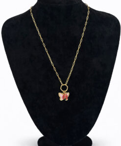 Kelebek ve Uğur Böceği Figürlü Mineli Altın Renk Çelik Kolye