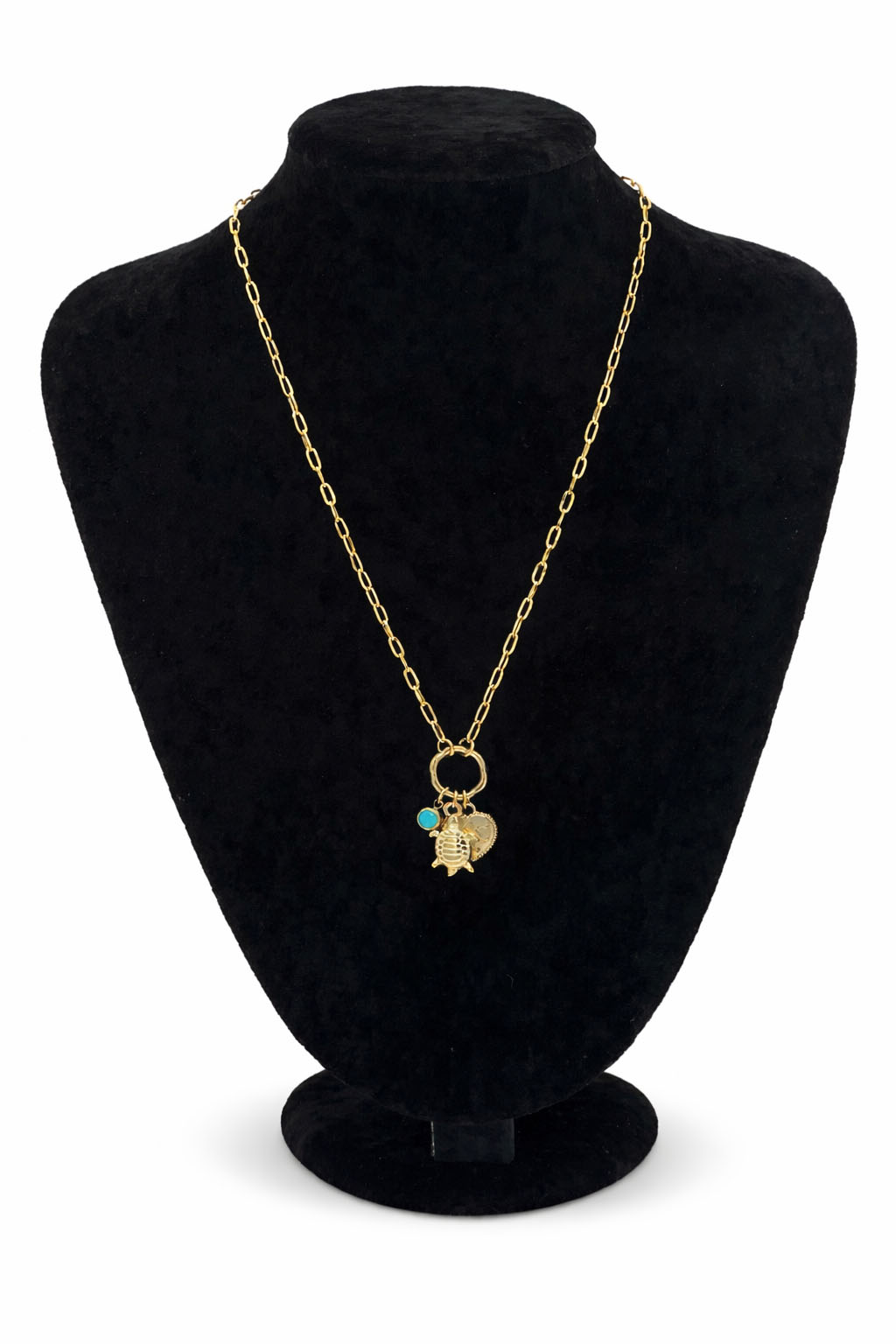 Çok Figürlü Turkuaz Detaylı Altın Renk Çelik Kolye